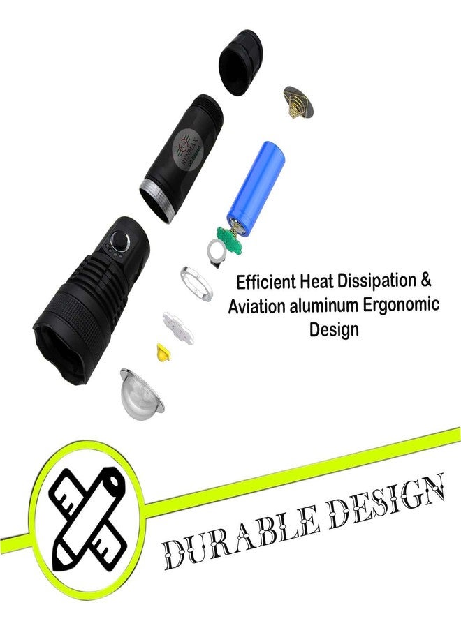 RENMAX High Bright Zoomable Torch Tactical Flashlight | 5-Lighting Modes | Rechargeable | for Emergency, Outdoor, Home, Camping, Hiking| Rainproof Metal Body -1 Pc (18 Cm Black) - Image 2